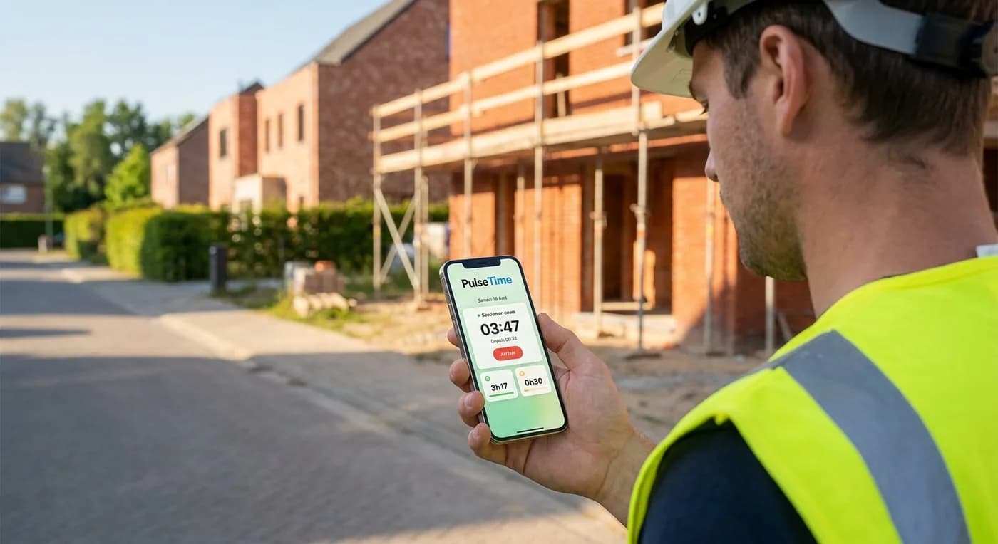 Ouvrier pointant sur son smartphone avec PulseTime sur un chantier de construction