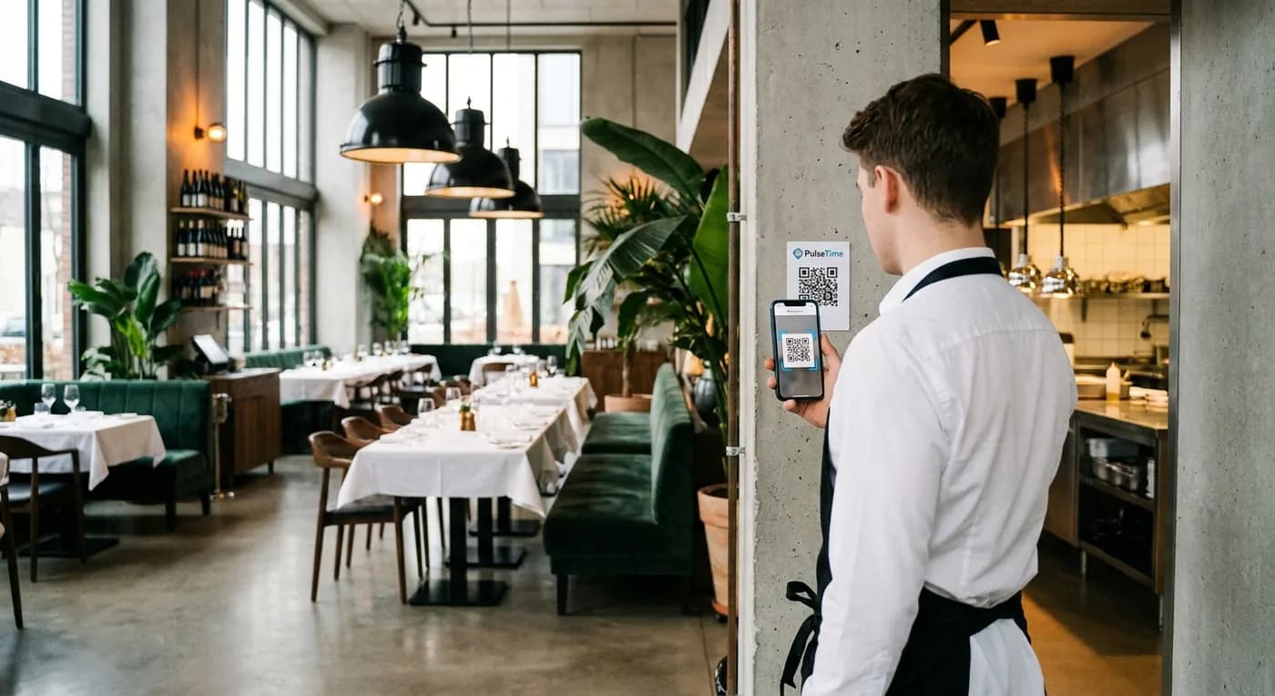 Serveur scannant un QR code PulseTime à l'entrée de la cuisine d'un restaurant